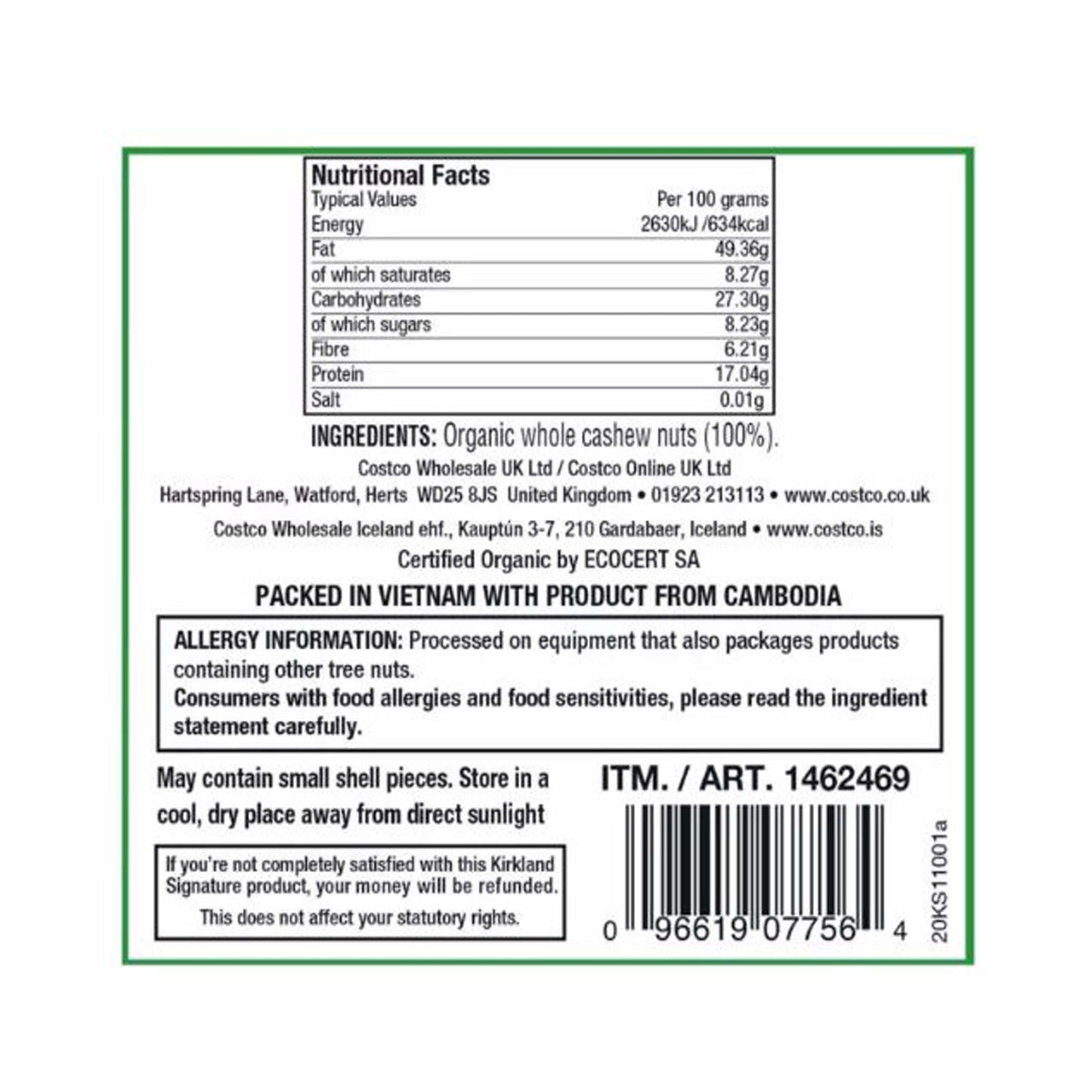 Kirkland Signature Organic Cashews, 1.13kg
