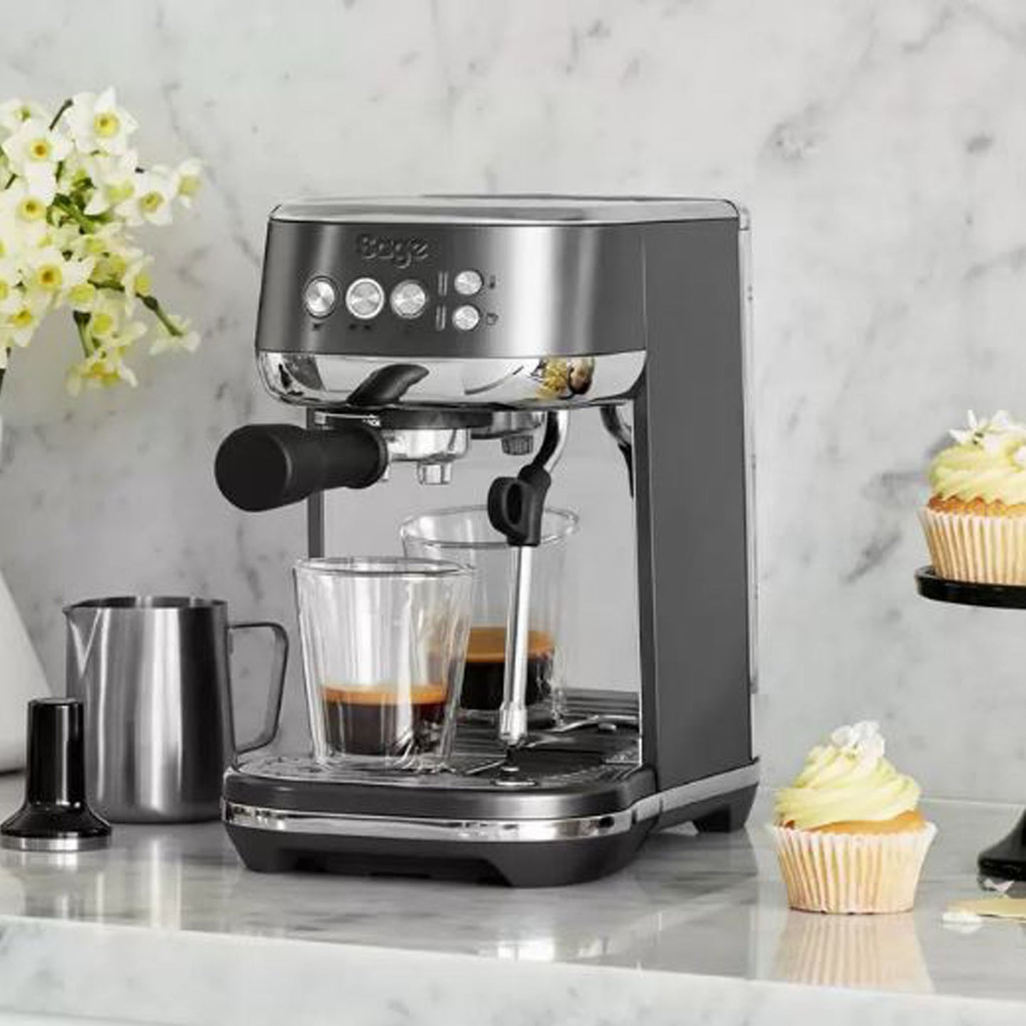 Sage Bambino Plus Pump Espresso Coffee Machine in Black Stainless Steel, SES500BST